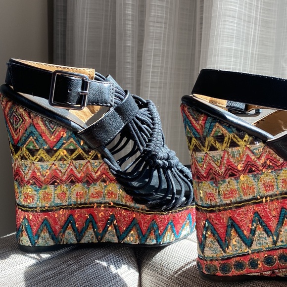 Ethnic Beaded Embroidery Sky High 5 1/2” Boho Wedge with Jute Rope Straps - 8 - Picture 10 of 16